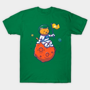 Cute Cat Astronaut Sitting On Moon With Flag Cartoon T-Shirt